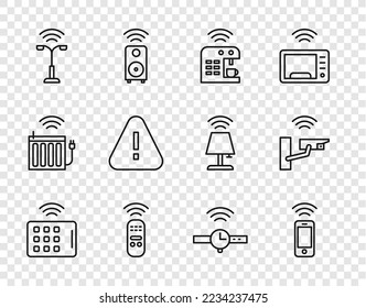 Set line Wireless tablet, smartphone, Smart coffee machine, remote control, street light, Exclamation mark triangle, Smartwatch and security camera icon. Vector