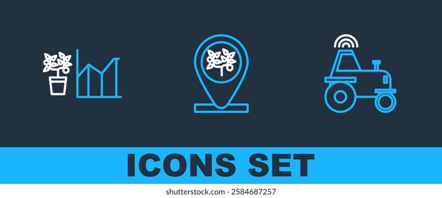 Set line Wireless tractor on smart farm, Flower statistics and Location and tree icon. Vector