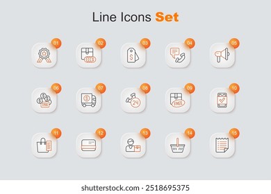 Set line Wish list template, Shopping basket, Buyer, Credit card, Mobile shopping, Cardboard box with free symbol and Telephone 24 hours support icon. Vector