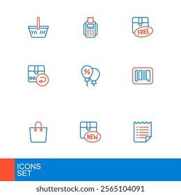 Set line Wish list template, New collection, Paper shopping bag, Barcode, Return cardboard box, Discount percent tag, Cardboard with free symbol and POS terminal icon. Vector