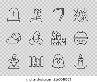 Set line Witch, Burning candle, Scythe, Garden fence wooden, Tombstone with RIP written, hat, Ghost and Pumpkin basket for sweets icon. Vector