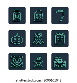 Set line Witch, Castle, fortress, Scythe, Vampire, Pumpkin, Eye jar and Tombstone with RIP written icon. Vector