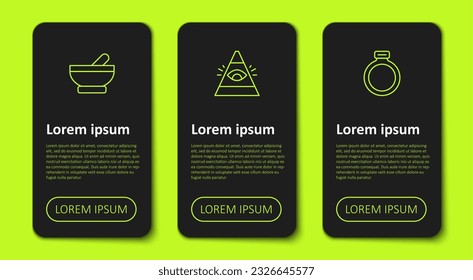 Set line Witch cauldron, All-seeing eye of God and Magic stone ring. Business infographic template. Vector
