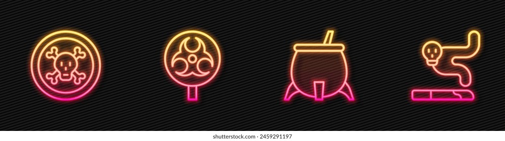 Set line Witch cauldron, Bones and skull, Biohazard symbol and Cigarette. Glowing neon icon. Vector