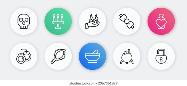 Set line Witch cauldron, Bottle with love potion, Handcuffs, Bow tie, holding fire, Open padlock and Magic hand mirror icon. Vector