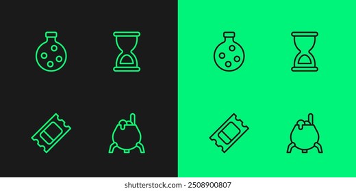 Set line Witch cauldron, Circus ticket, Bottle with potion and Old hourglass icon. Vector