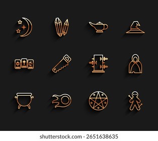 Set line Witch cauldron, Fireball, Moon and stars, Pentagram in circle, Voodoo doll, Hand saw, Mantle, cloak, cape and Trunk for magic tricks icon. Vector
