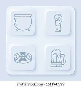 Set line Witch cauldron, Glass of beer, Gold coin with four leaf clover and Wooden beer mug. White square button. Vector