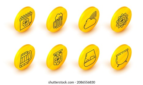 Set line Witch cauldron, Glass of whiskey, Street signboard with four leaf clover, Wooden beer mug, Bottle cap, Rainbow cloud,  and Saint Patricks day calendar icon. Vector