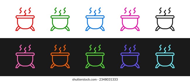 Set line Witch cauldron icon isolated on black and white background. Happy Halloween party.  Vector