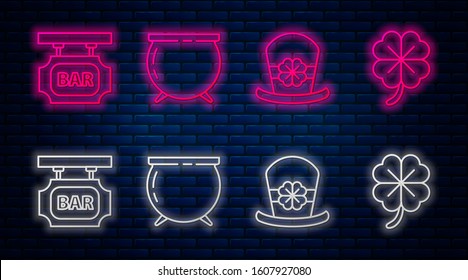 Set line Witch cauldron, Leprechaun hat and four leaf clover, Street signboard with inscription Bar and Four leaf clover. Glowing neon icon on brick wall. Vector