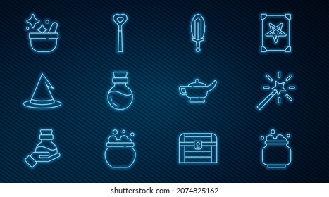 Set Line Witch Cauldron, Magic Wand, Sword In Fire, Bottle With Potion, Hat, Lamp Aladdin And  Icon. Vector