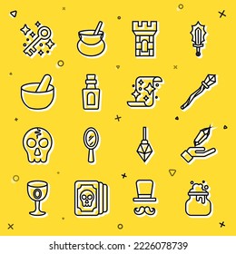 Set line Witch cauldron, Magic stone, staff, Castle tower, Bottle with potion, Old magic key and scroll icon. Vector