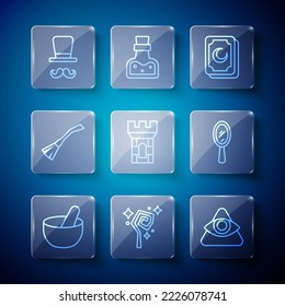 Set line Witch cauldron, Magic staff, All-seeing eye of God, Tarot cards, Castle tower, Witches broom, Magician and hand mirror icon. Vector