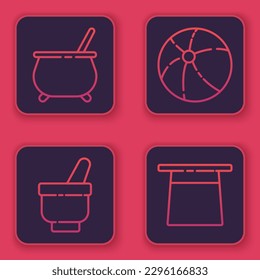 Set line Witch cauldron, Magic mortar and pestle, Beach ball and Magician hat. Blue square button. Vector