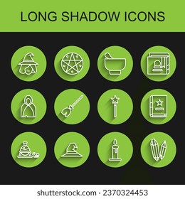 Línea Cauldrón de bruja y piedra mágica, sombrero, vela quemadora en candelabro, magia, escoba de brujas, icono de libro antiguo y de varita. Vector