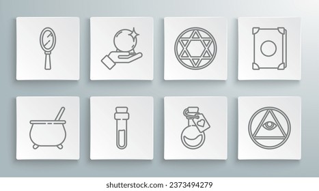 Set line Witch cauldron, Magic ball hand, Bottle with love potion, Masons, Star of David, Ancient magic book and mirror icon. Vector