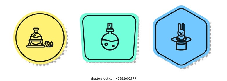 Set line Witch cauldron and magic stone, Bottle with love potion and Magician hat rabbit. Colored shapes. Vector