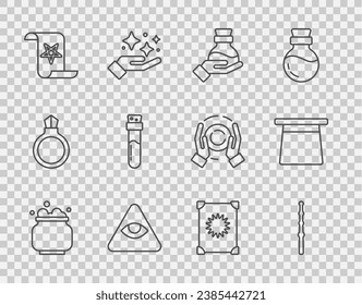 Línea Cauldrón de bruja, varita mágica, botella con poción, máscaras, libro de magia antiguo e icono de sombrero. Vector