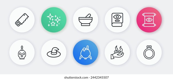 Set line Witch cauldron, Magic scroll, Burning candle skull, Hand holding fire, Ancient magic book, stone ring and hat icon. Vector