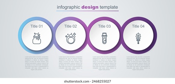 Set line Witch cauldron, Magic stone ring, Bottle with potion and sword fire. Business infographic template. Vector