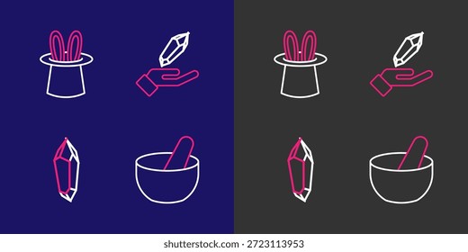 Set line Witch cauldron, Magic stone,  and Magician hat and rabbit ears icon. Vector