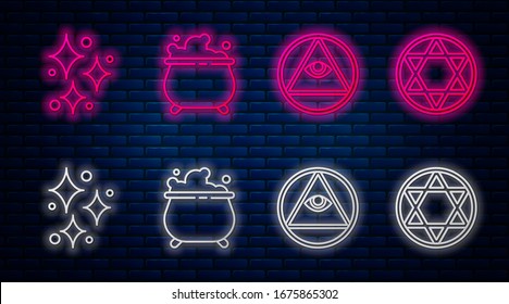 Set line Witch cauldron, Masons, Sparkle stars with magical glitter and Star of David. Glowing neon icon on brick wall. Vector