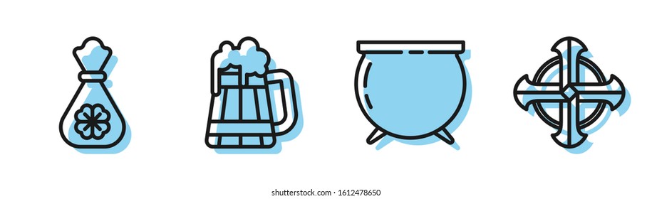 Set line Witch cauldron, Money bag with four leaf clover, Wooden beer mug and Celtic cross icon. Vector