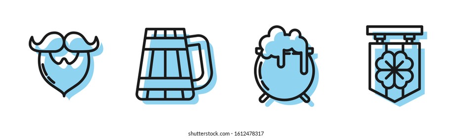 Set line Witch cauldron, Mustache and beard, Wooden beer mug and Street signboard with four leaf clover icon. Vector