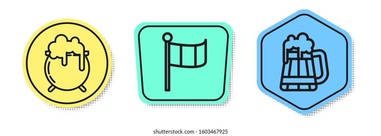 Set line Witch cauldron, National Ireland flag and Wooden beer mug. Colored shapes. Vector