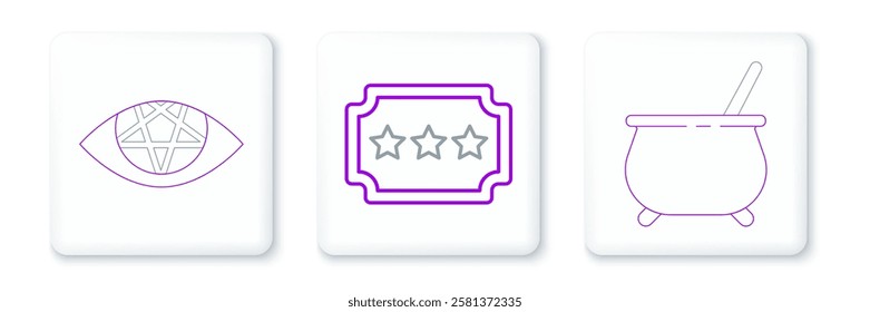 Set line Witch cauldron, Pentagram and Ticket icon. Vector