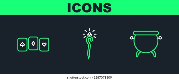 Set line Witch cauldron, Playing cards and Magic staff icon. Vector