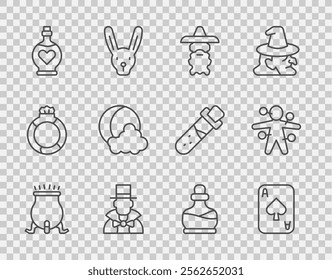 Set line Witch cauldron, Playing cards, Wizard warlock, Magician, Bottle with love potion, Moon and stars,  and Voodoo doll icon. Vector