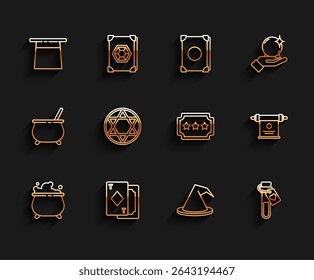 Set line Witch cauldron, Playing cards, Magician hat, Bottle with love potion, Star of David, scroll and Ticket icon. Vector