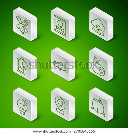 Set line Witch cauldron, Radioactive in location, Bottle with potion, Puffer fish, Beaker toxic liquid, waste barrel, Man poisoning and Poison apple icon. Vector