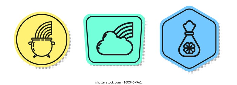 Set line Witch cauldron and rainbow, Rainbow with cloud and Money bag with four leaf clover. Colored shapes. Vector