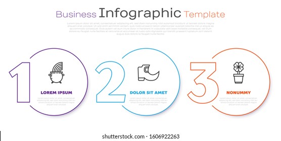 Set line Witch cauldron and rainbow, Tradition leprechaun boots and Four leaf clover in pot. Business infographic template. Vector