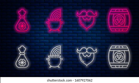 Set line Witch cauldron and rainbow, Mustache and beard, Money bag with four leaf clover and Wooden barrel with four leaf clover. Glowing neon icon on brick wall. Vector