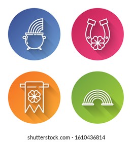 Set line Witch cauldron and rainbow, Horseshoe with four leaf clover, Four leaf clover and party pennant and Rainbow. Color circle button. Vector