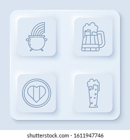 Set line Witch cauldron and rainbow, Wooden beer mug, Heart and Happy Saint Patrick day and Glass of beer. White square button. Vector