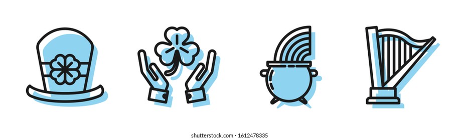 Set line Witch cauldron and rainbow, Leprechaun hat and four leaf clover, Human hands holding four leaf clover and Harp icon. Vector