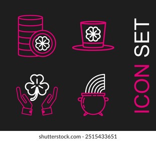 Set line Witch cauldron and rainbow, Human hands holding four leaf clover, Leprechaun hat and Gold coin with icon. Vector