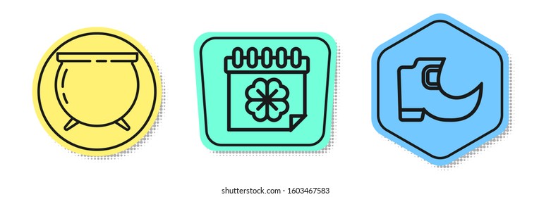 Set line Witch cauldron, Saint Patricks day with calendar and Tradition leprechaun boots. Colored shapes. Vector