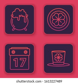 Set line Witch cauldron, Saint Patrick's day with calendar, Gold coin with four leaf clover and Leprechaun hat and four leaf clover. Blue square button. Vector