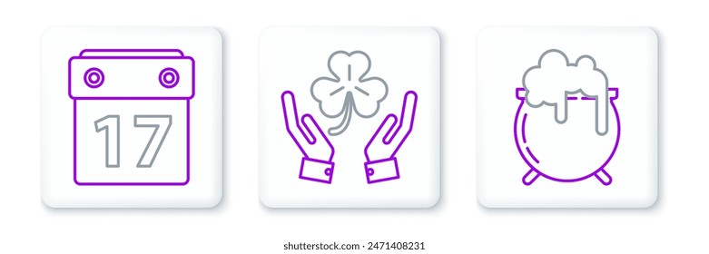 Set line Witch cauldron, Saint Patrick's day with calendar and Human hands holding four leaf clover icon. Vector