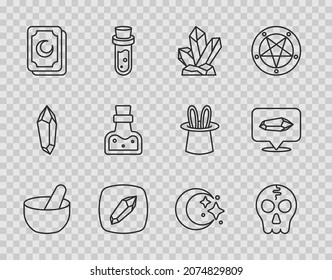 Línea Cauldrón de Brujas, Calavera, Piedra mágica, Tarjetas Tarot, Botella con poción, Luna y estrellas e icono. Vector