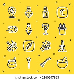 Set line Witch cauldron, Sword in the stone, Magician hat and rabbit ears, Bottle with potion, Fireball,  and Medieval goblet icon. Vector