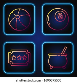 Fije la línea Cauldron de Brujas, Ticket, bola de playa y bola mágica de predicciones. Iconos de color degradado. Vector