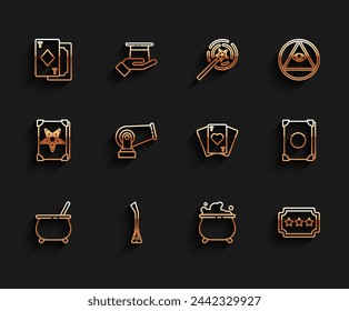 Set line Witch cauldron, Witches broom, Playing cards, Ticket, Cannon, Ancient magic book and  icon. Vector