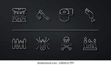 Set line Witch, Garden fence wooden, Zombie finger, Skull on crossbones, Spider, Wooden axe, Burning candle and Toilet paper roll icon. Vector